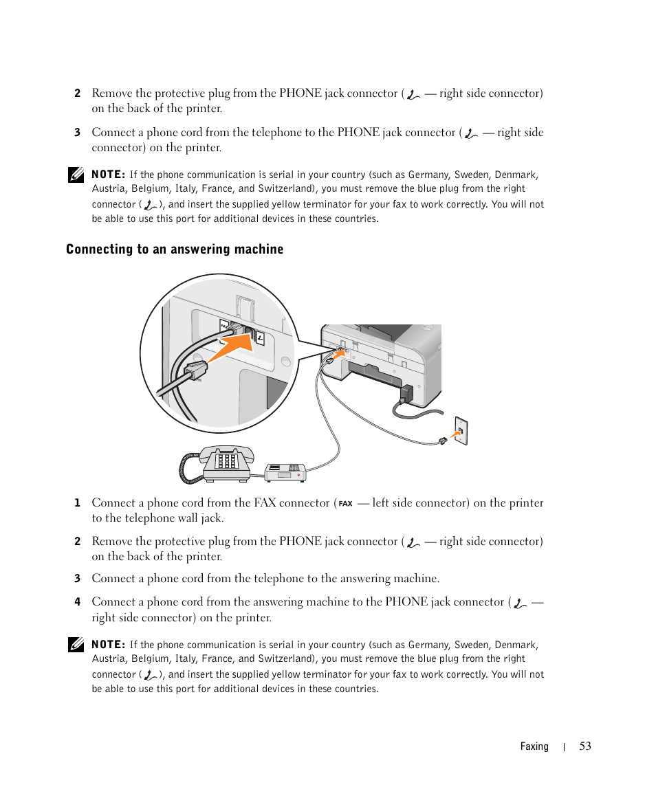 Connecting to an answering machine | Dell 964 All In One Photo Printer User Manual | Page 53 / 136