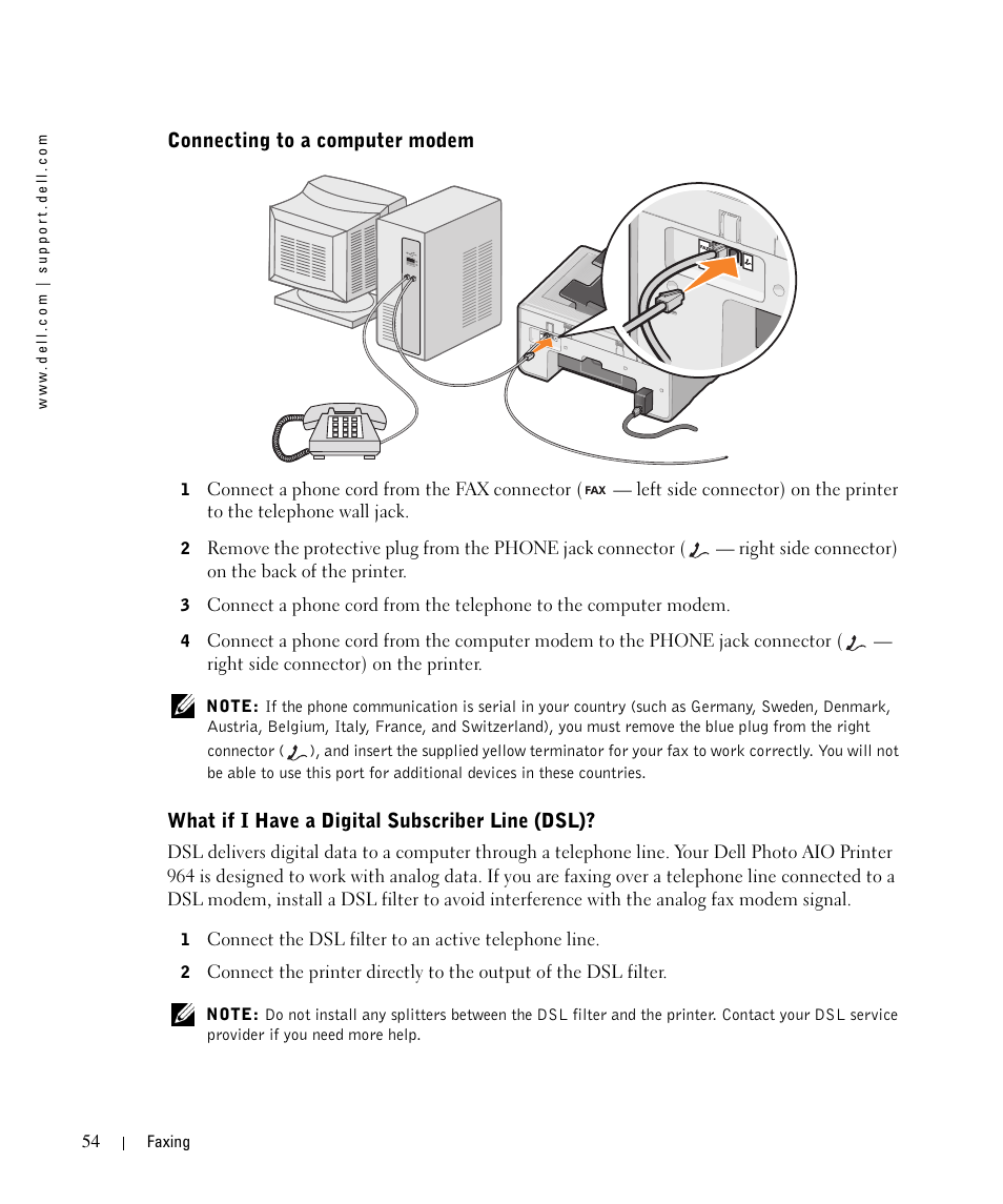 Connecting to a computer modem, What if i have a digital subscriber line (dsl) | Dell 964 All In One Photo Printer User Manual | Page 54 / 136