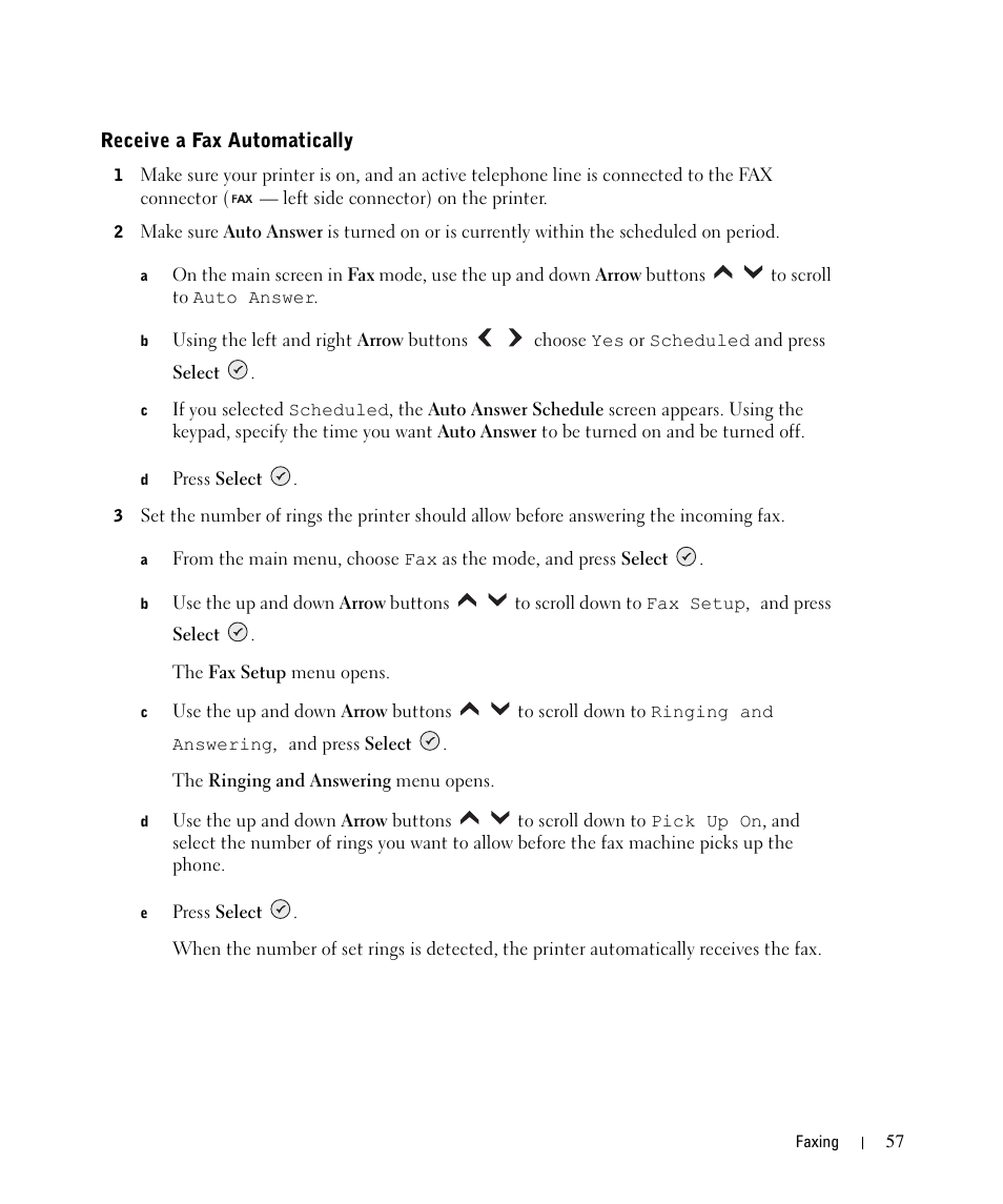 Receive a fax automatically | Dell 964 All In One Photo Printer User Manual | Page 57 / 136