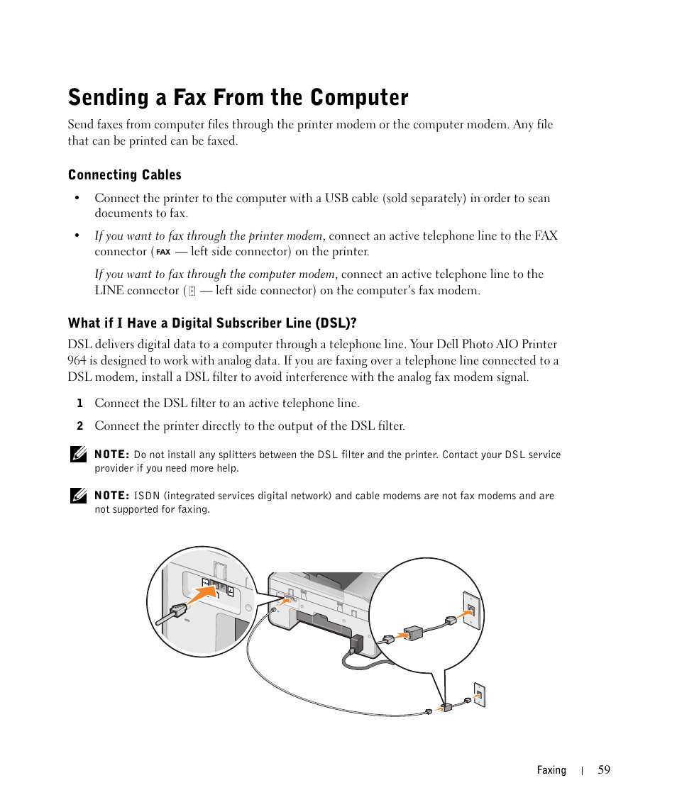 Sending a fax from the computer, Connecting cables, What if i have a digital subscriber line (dsl) | See "sending a fax from the computer | Dell 964 All In One Photo Printer User Manual | Page 59 / 136