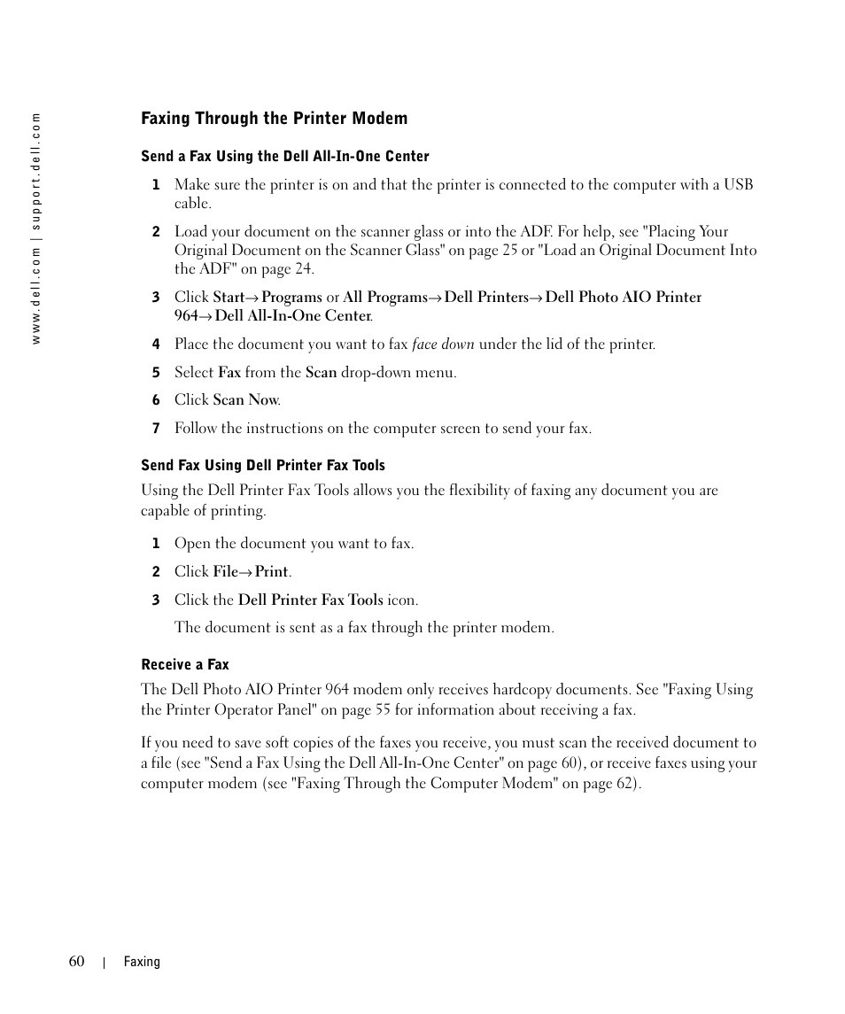 Faxing through the printer modem | Dell 964 All In One Photo Printer User Manual | Page 60 / 136