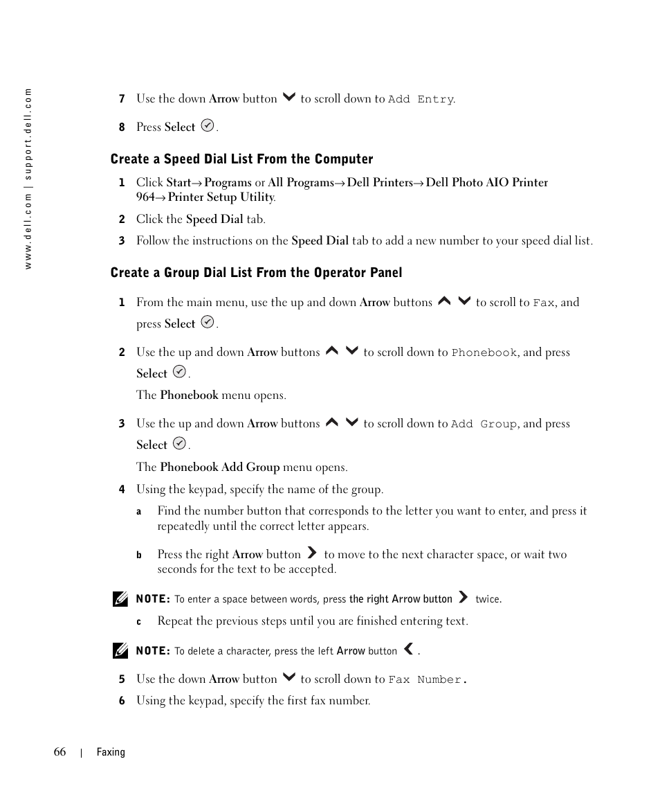 Create a speed dial list from the computer, Create a group dial list from the operator panel | Dell 964 All In One Photo Printer User Manual | Page 66 / 136