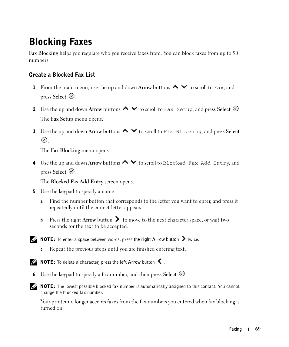 Blocking faxes, Create a blocked fax list | Dell 964 All In One Photo Printer User Manual | Page 69 / 136