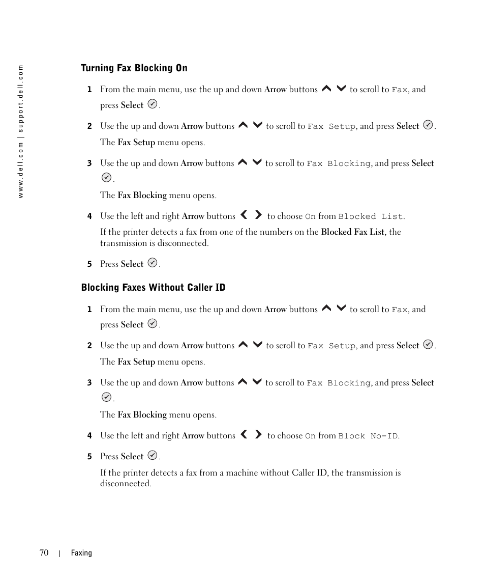 Turning fax blocking on, Blocking faxes without caller id | Dell 964 All In One Photo Printer User Manual | Page 70 / 136