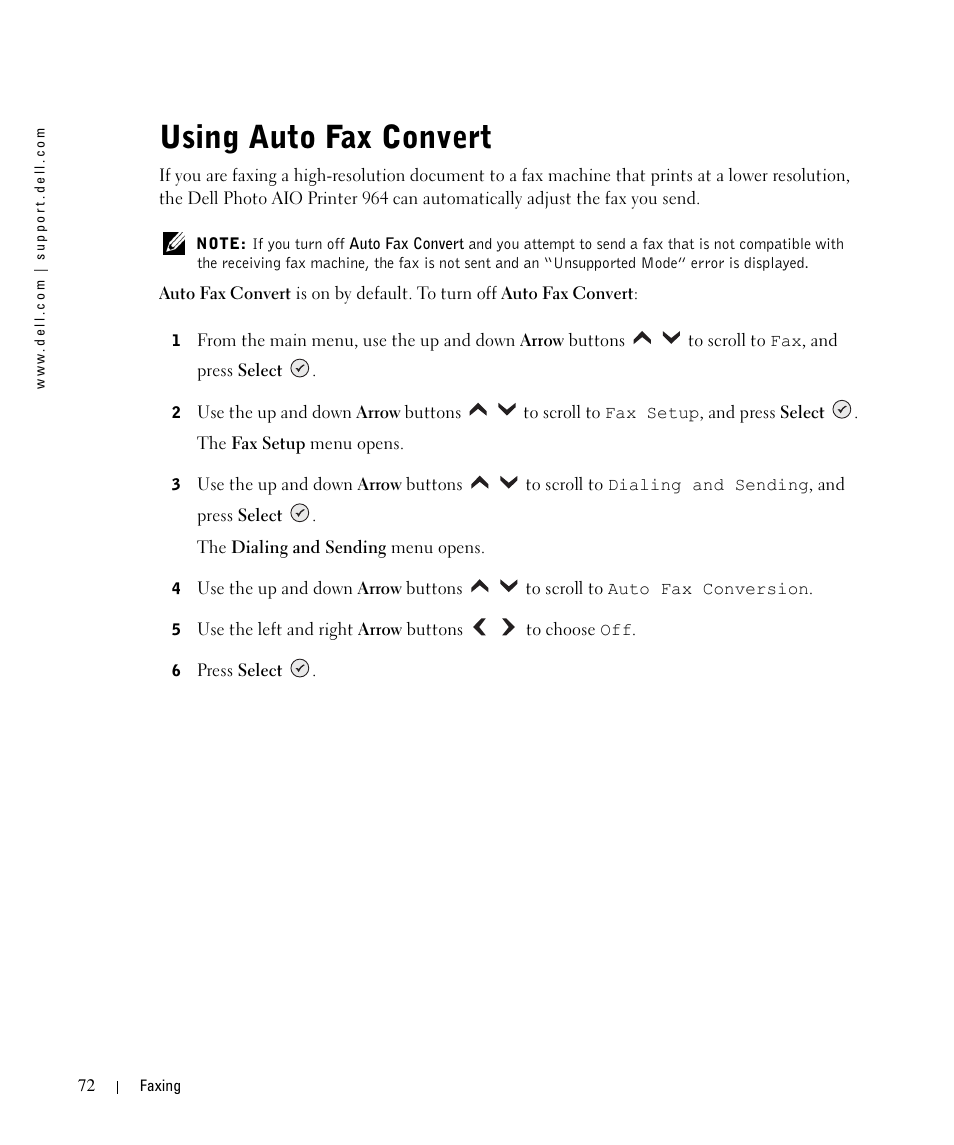 Using auto fax convert | Dell 964 All In One Photo Printer User Manual | Page 72 / 136