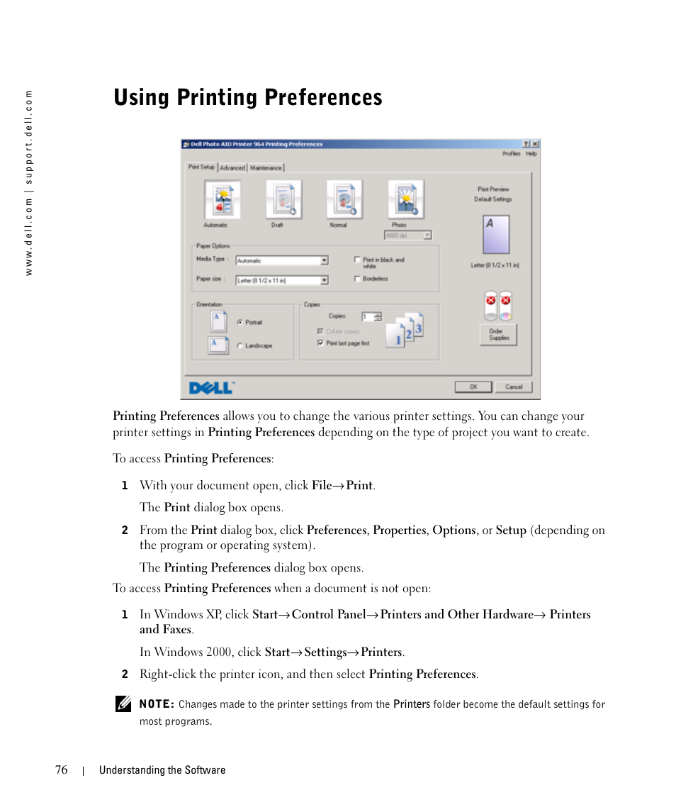 Using printing preferences | Dell 964 All In One Photo Printer User Manual | Page 76 / 136