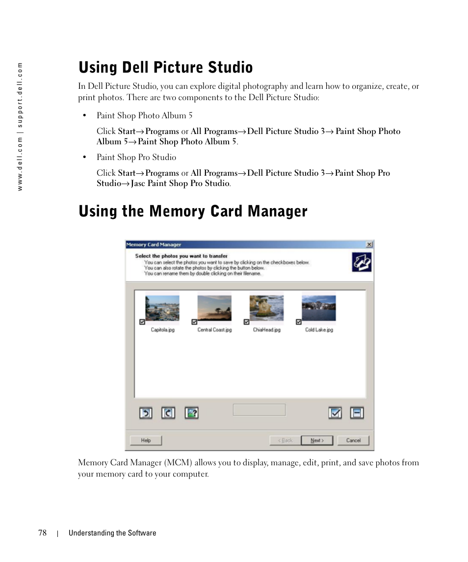 Using dell picture studio, Using the memory card manager | Dell 964 All In One Photo Printer User Manual | Page 78 / 136