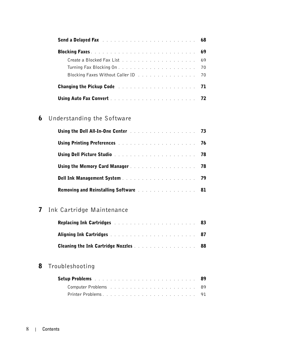 6understanding the software, 7ink cartridge maintenance, 8troubleshooting | Dell 964 All In One Photo Printer User Manual | Page 8 / 136