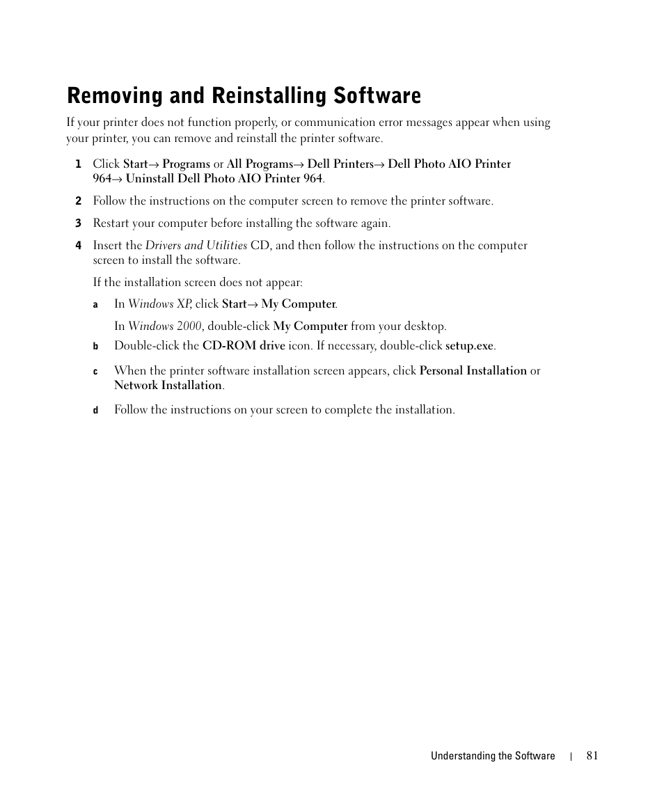 Removing and reinstalling software | Dell 964 All In One Photo Printer User Manual | Page 81 / 136