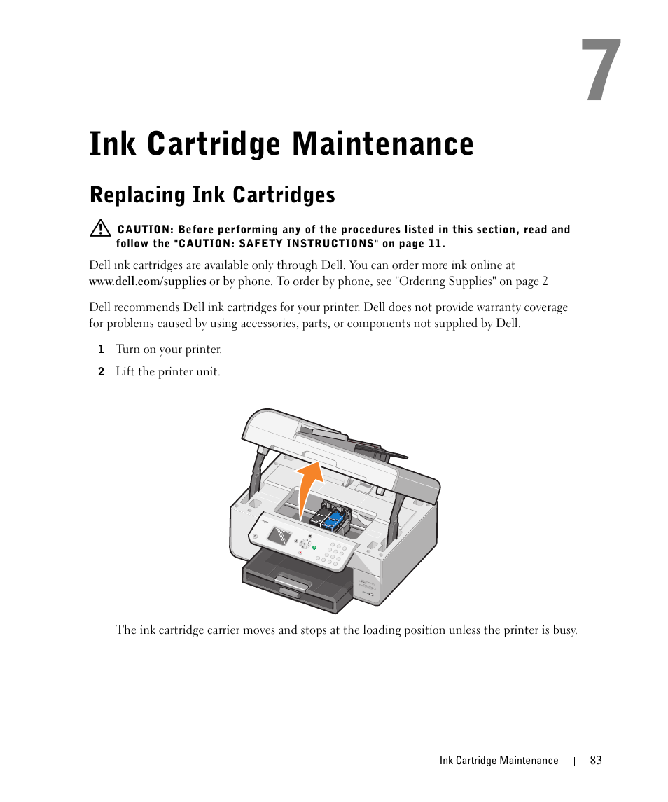 Ink cartridge maintenance, Replacing ink cartridges | Dell 964 All In One Photo Printer User Manual | Page 83 / 136