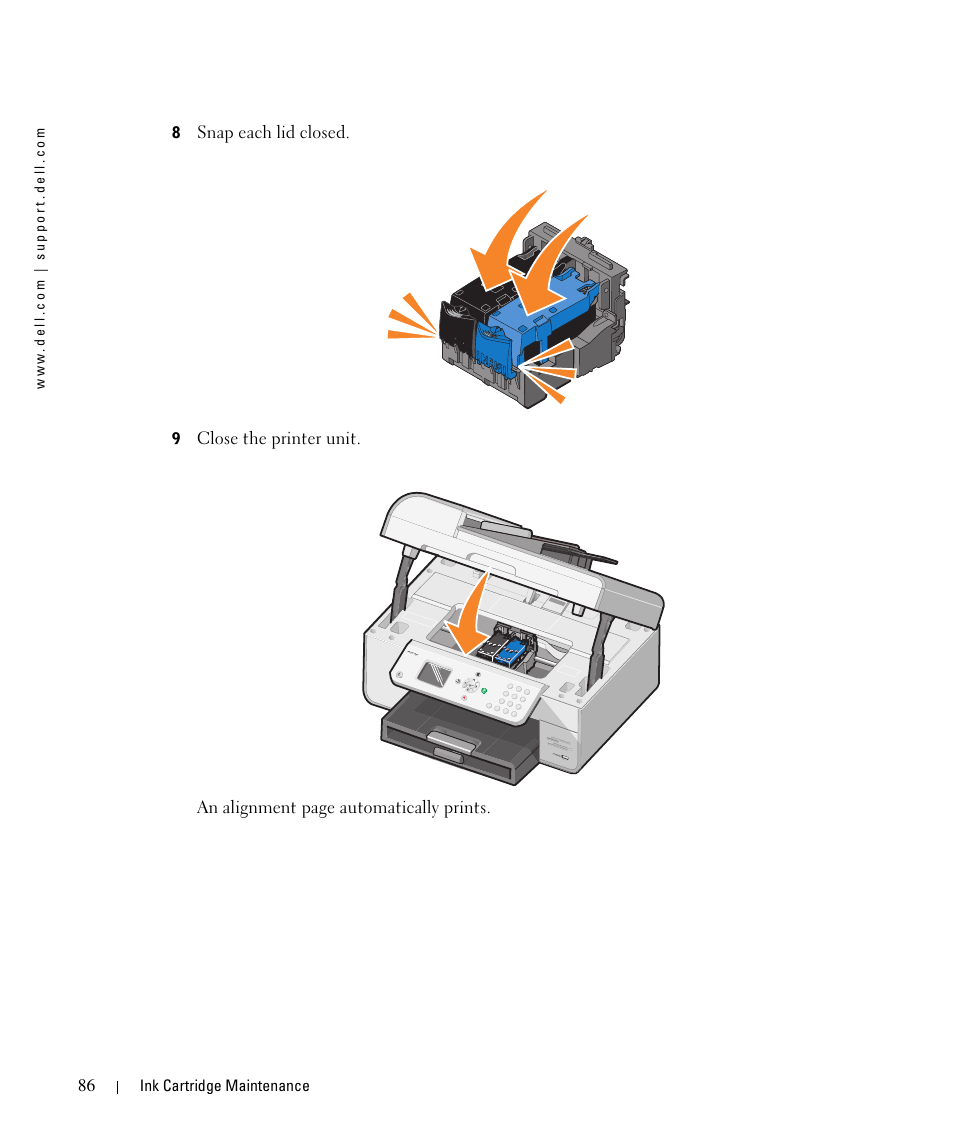 Snap each lid closed | Dell 964 All In One Photo Printer User Manual | Page 86 / 136