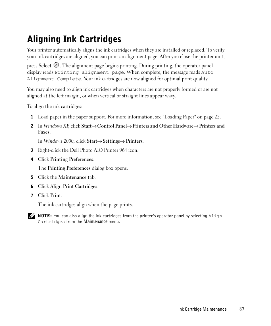 Aligning ink cartridges | Dell 964 All In One Photo Printer User Manual | Page 87 / 136