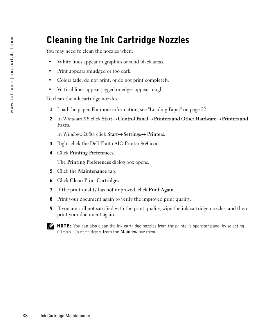 Cleaning the ink cartridge nozzles | Dell 964 All In One Photo Printer User Manual | Page 88 / 136