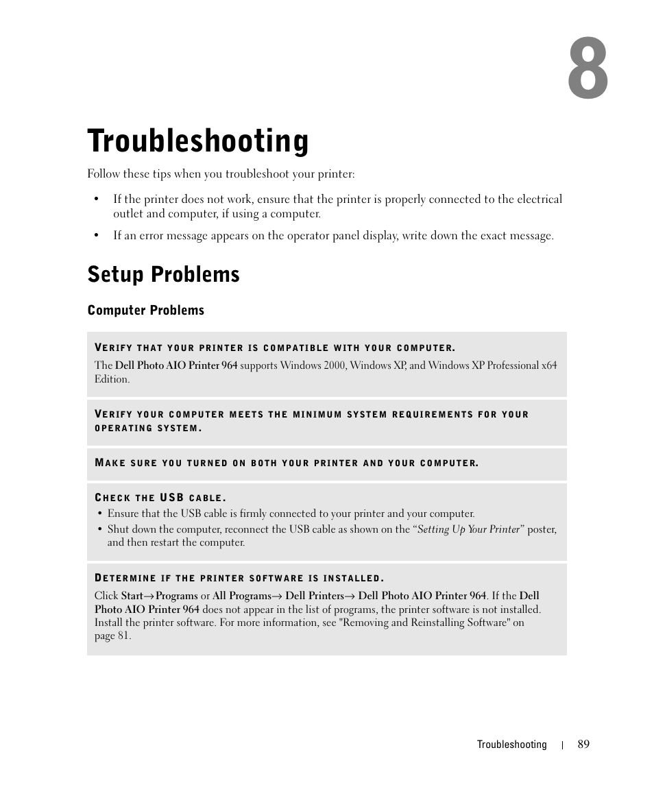 Troubleshooting, Setup problems, Computer problems | Dell 964 All In One Photo Printer User Manual | Page 89 / 136