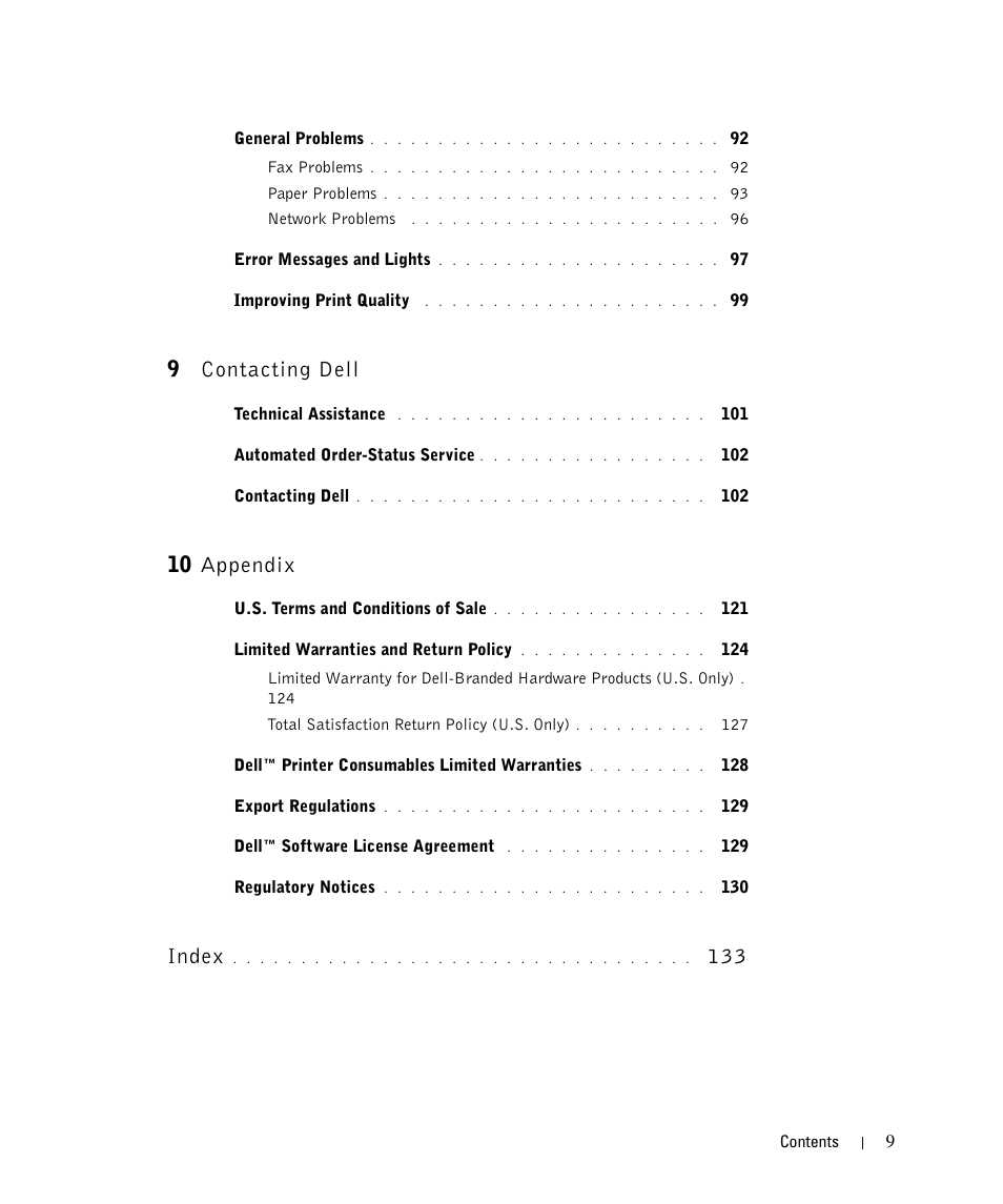 9contacting dell, 10 appendix, Index | Dell 964 All In One Photo Printer User Manual | Page 9 / 136