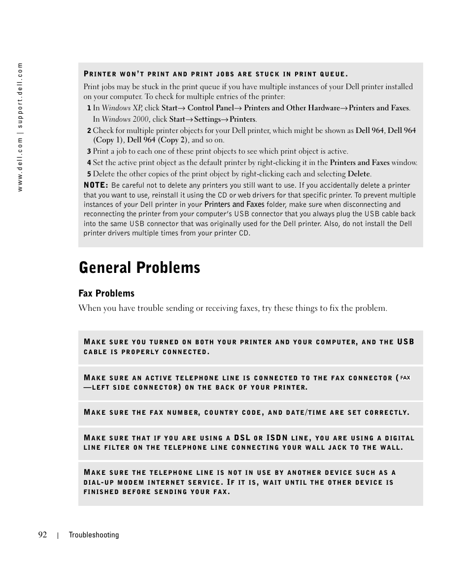 General problems, Fax problems | Dell 964 All In One Photo Printer User Manual | Page 92 / 136