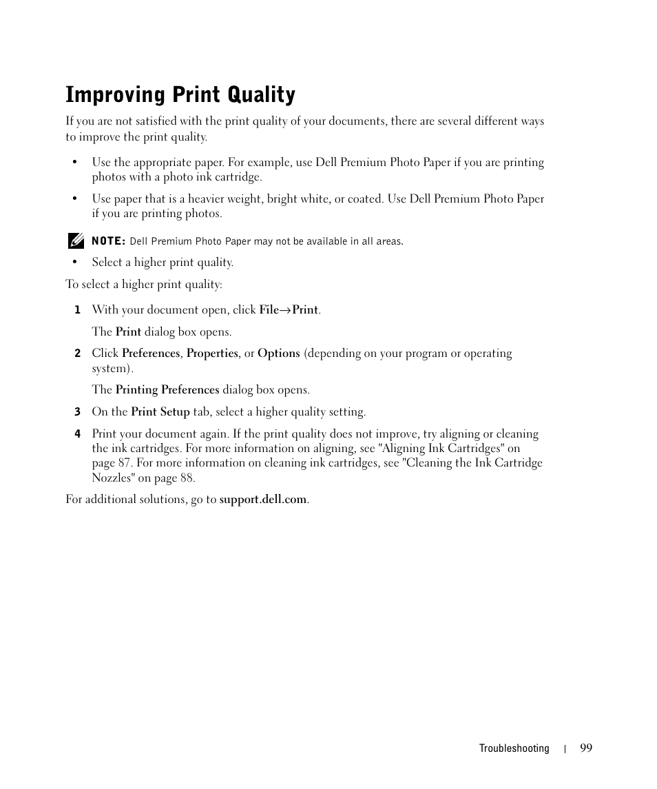 Improving print quality | Dell 964 All In One Photo Printer User Manual | Page 99 / 136