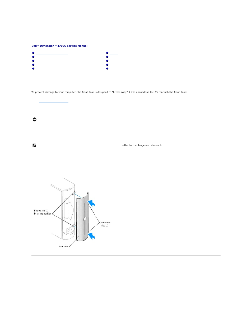 Removing and installing parts, Reattaching the front door | Dell Dimension 4700C User Manual | Page 9 / 41
