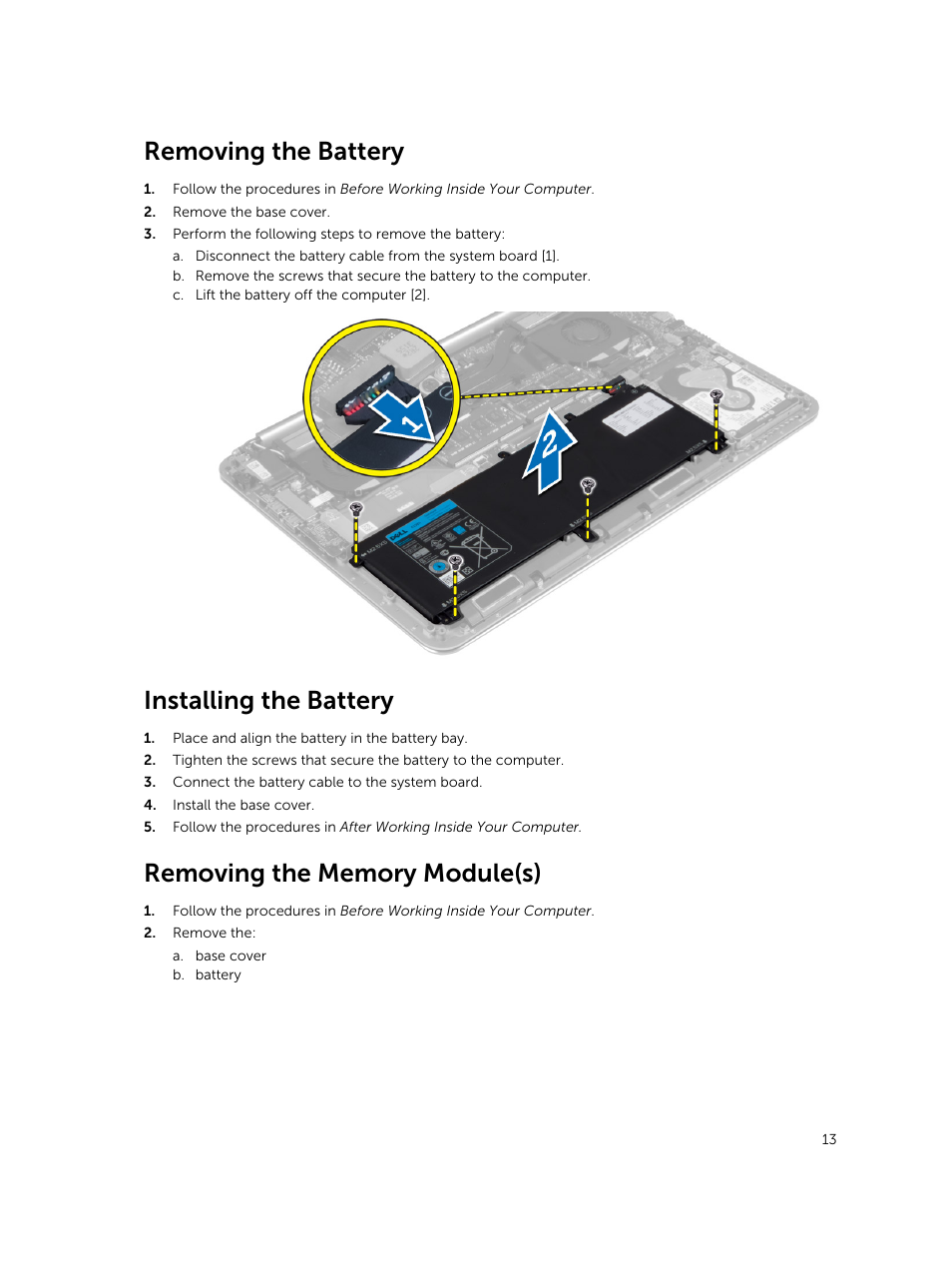 Removing the battery, Installing the battery, Removing the memory module(s) | Dell Precision M3800 (Late 2013) User Manual | Page 13 / 50