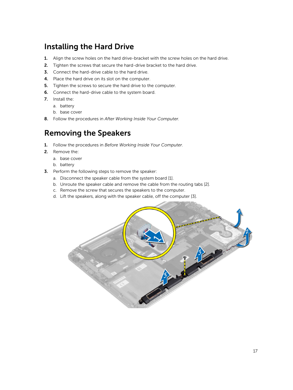 Installing the hard drive, Removing the speakers | Dell Precision M3800 (Late 2013) User Manual | Page 17 / 50