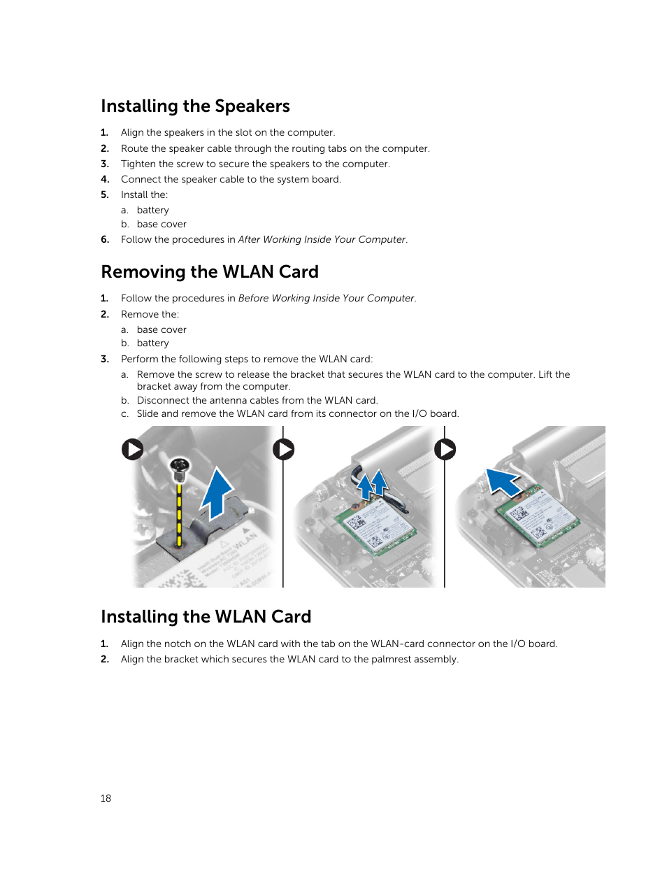 Installing the speakers, Removing the wlan card, Installing the wlan card | Dell Precision M3800 (Late 2013) User Manual | Page 18 / 50