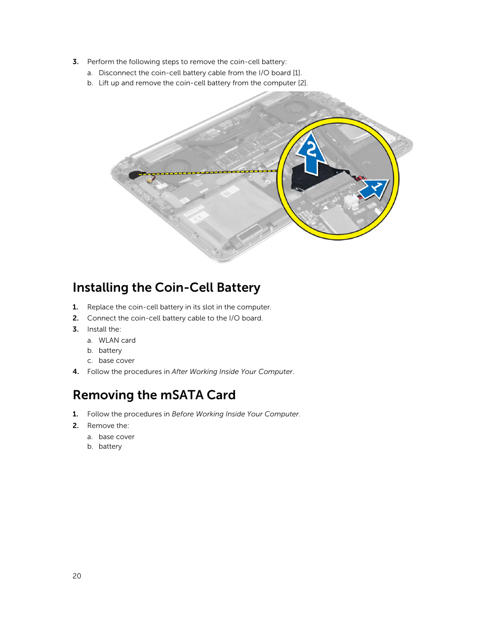 Installing the coin-cell battery, Removing the msata card | Dell Precision M3800 (Late 2013) User Manual | Page 20 / 50