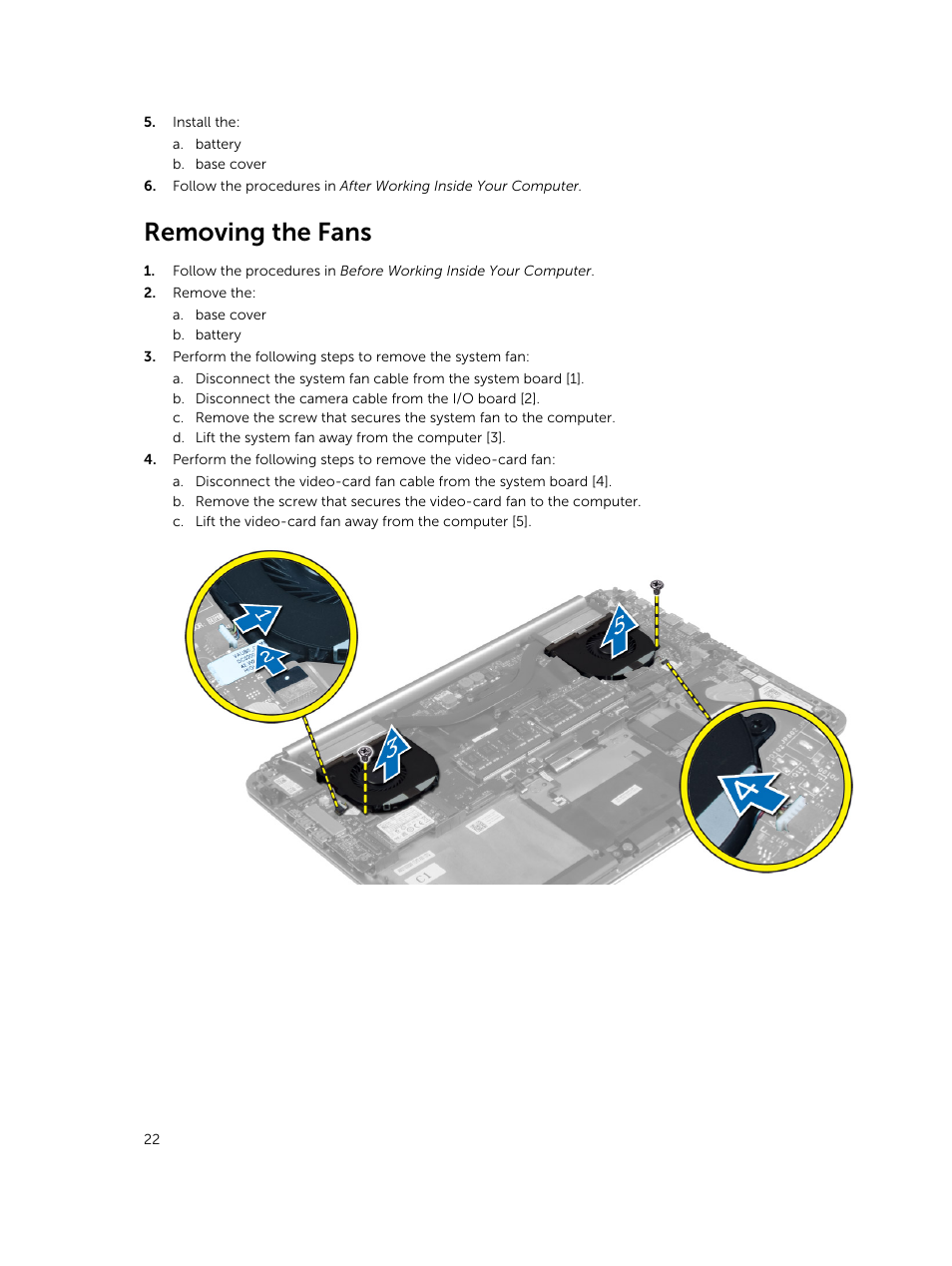 Removing the fans | Dell Precision M3800 (Late 2013) User Manual | Page 22 / 50