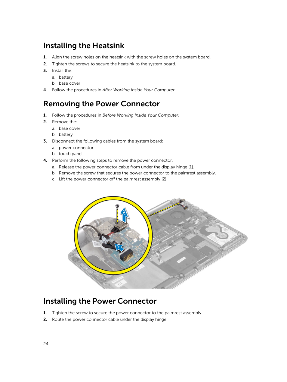 Installing the heatsink, Removing the power connector, Installing the power connector | Dell Precision M3800 (Late 2013) User Manual | Page 24 / 50