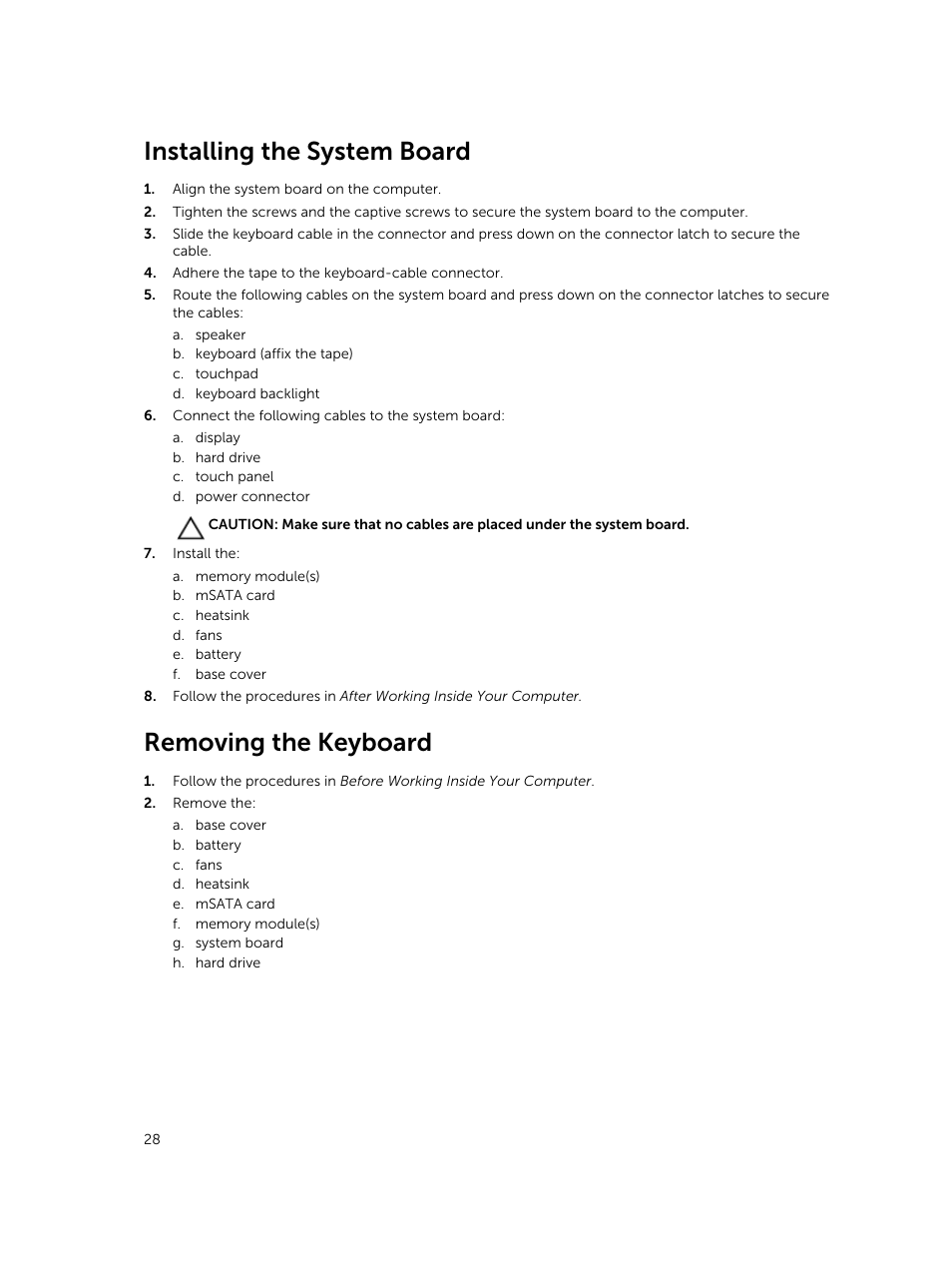 Installing the system board, Removing the keyboard | Dell Precision M3800 (Late 2013) User Manual | Page 28 / 50