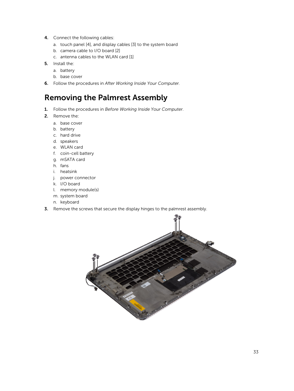 Removing the palmrest assembly | Dell Precision M3800 (Late 2013) User Manual | Page 33 / 50