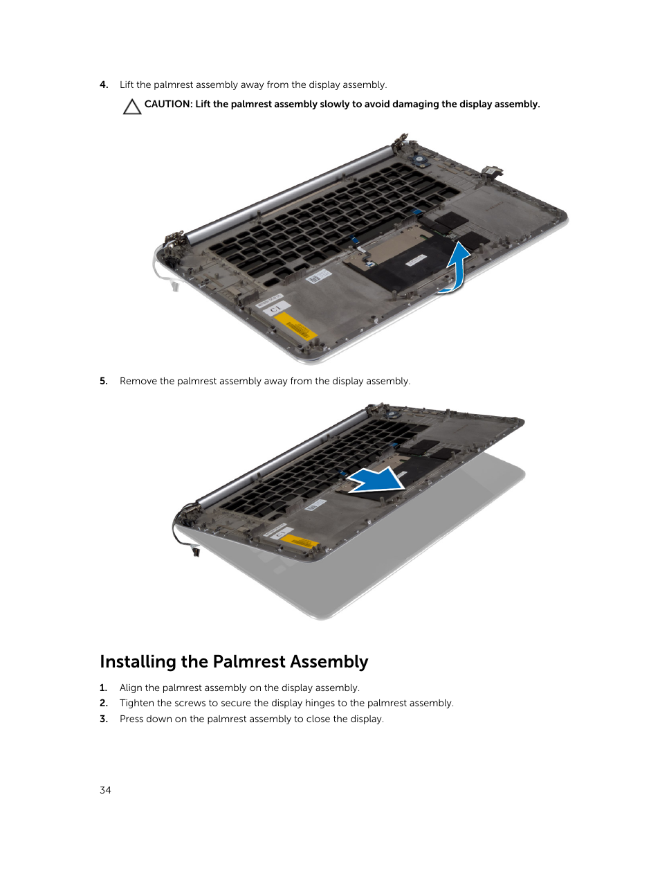 Installing the palmrest assembly | Dell Precision M3800 (Late 2013) User Manual | Page 34 / 50