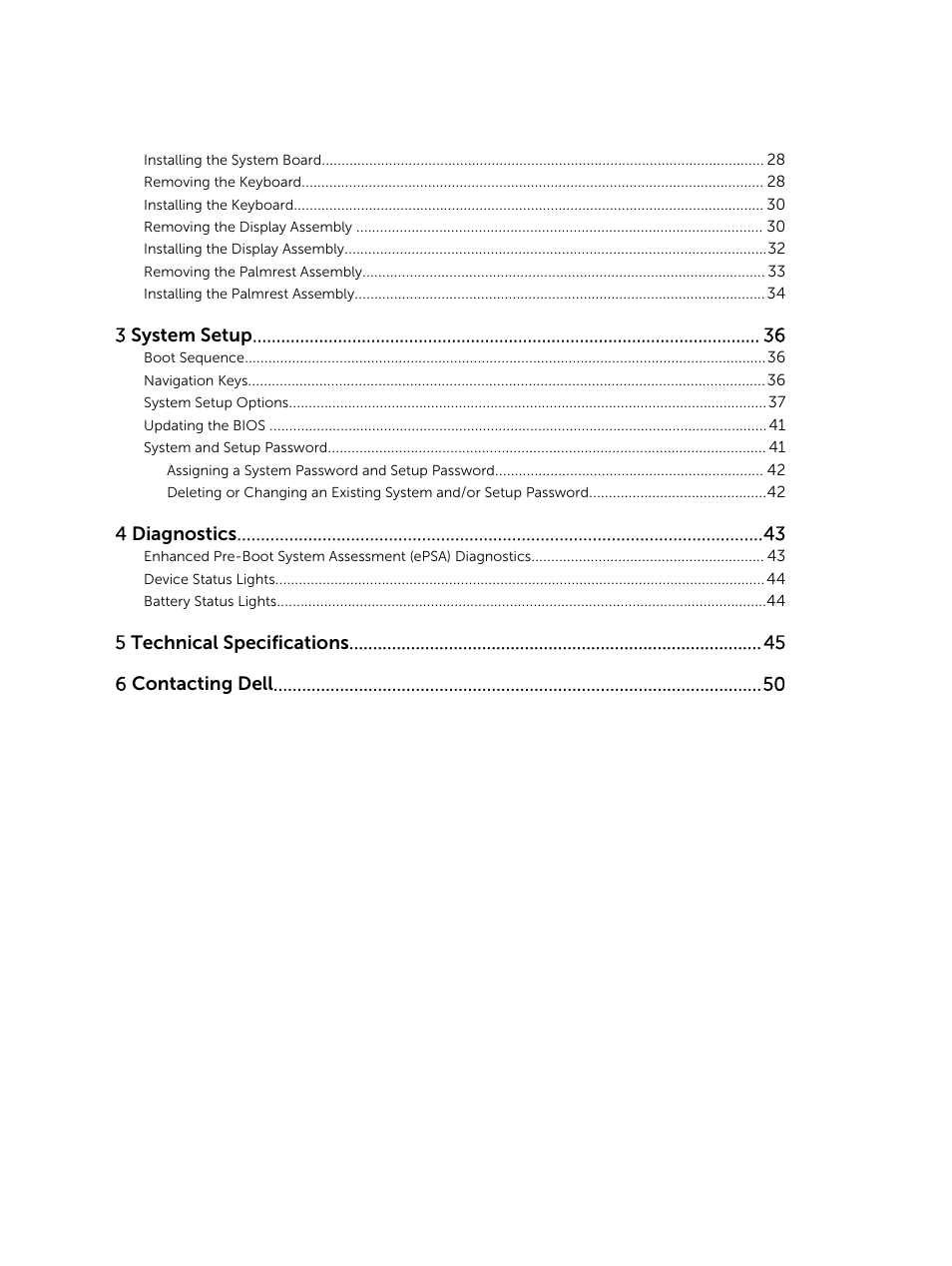3 system setup, 4 diagnostics, 5 technical specifications 6 contacting dell | Dell Precision M3800 (Late 2013) User Manual | Page 4 / 50
