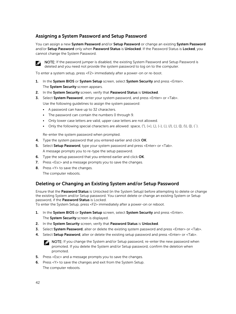 Assigning a system password and setup password | Dell Precision M3800 (Late 2013) User Manual | Page 42 / 50