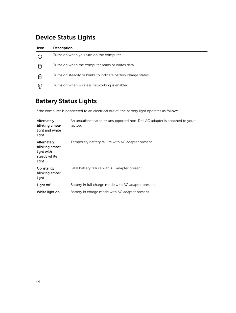 Device status lights, Battery status lights | Dell Precision M3800 (Late 2013) User Manual | Page 44 / 50