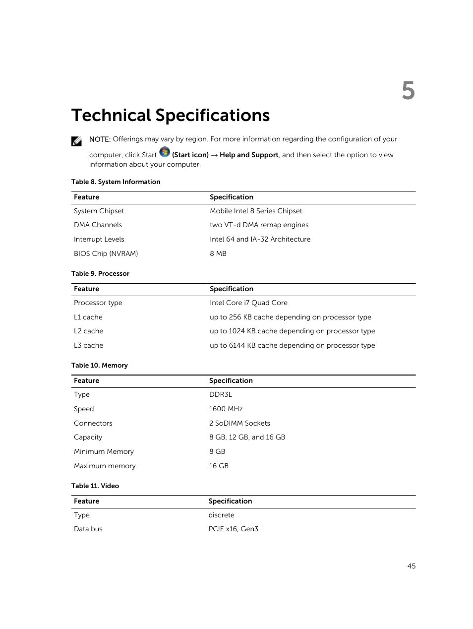 Technical specifications, 5 technical specifications | Dell Precision M3800 (Late 2013) User Manual | Page 45 / 50