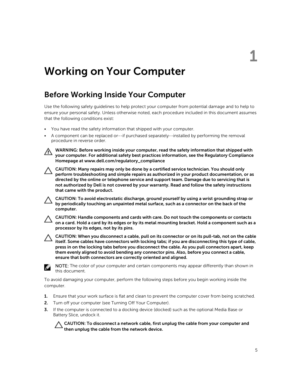 Working on your computer, Before working inside your computer, 1 working on your computer | Dell Precision M3800 (Late 2013) User Manual | Page 5 / 50