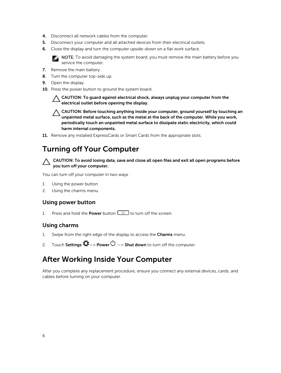 Turning off your computer, Using power buttonusing charms, After working inside your computer | Using power button, Using charms | Dell Precision M3800 (Late 2013) User Manual | Page 6 / 50