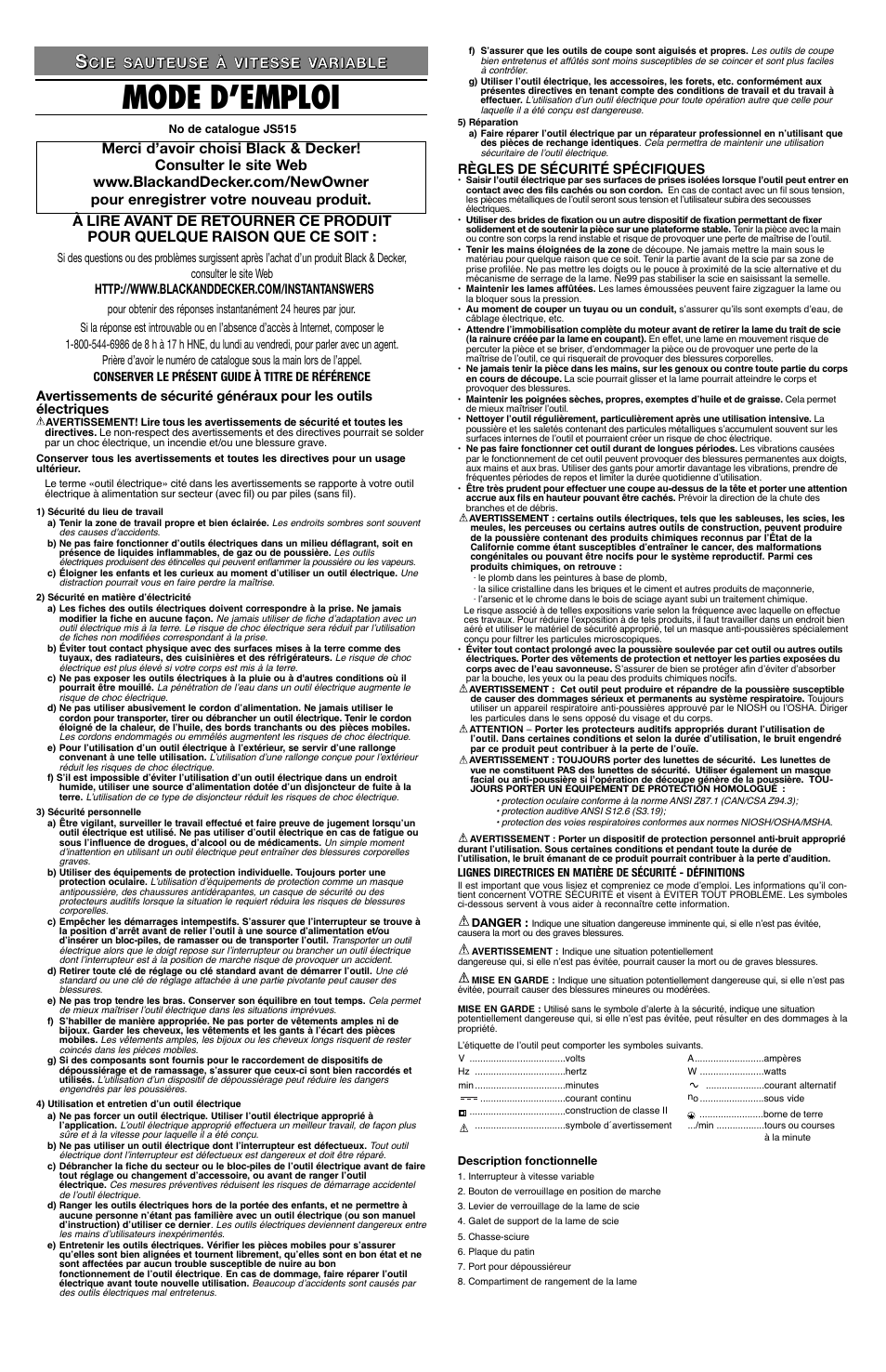 Mode d’emploi | Black & Decker JS515 User Manual | Page 3 / 7