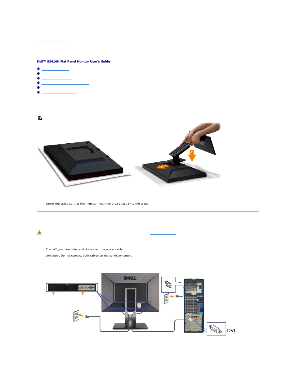 Setting up the monitor, Attaching the stand, Connecting your monitor | Dell G2410 Monitor User Manual | Page 27 / 33