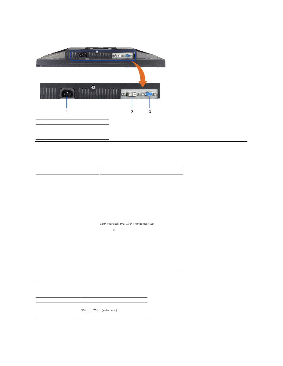 Monitor specifications, Bottom view, Flat panel specifications | Resolution specifications video supported modes | Dell G2410 Monitor User Manual | Page 5 / 33