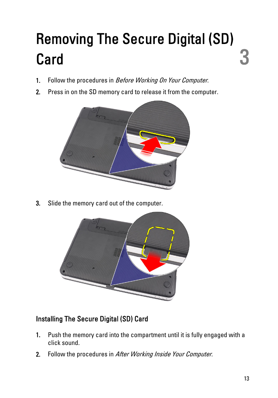 Removing the secure digital (sd) card, Installing the secure digital (sd) card, 3 removing the secure digital (sd) card | Dell Vostro 1450 (Mid 2011) User Manual | Page 13 / 78