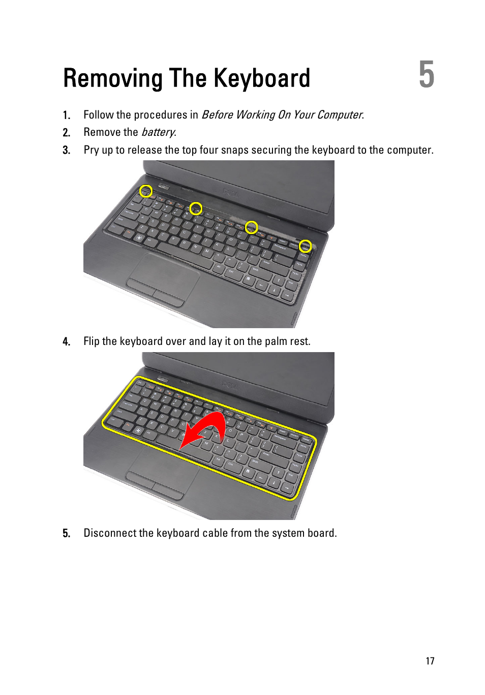 Removing the keyboard, 5 removing the keyboard | Dell Vostro 1450 (Mid 2011) User Manual | Page 17 / 78