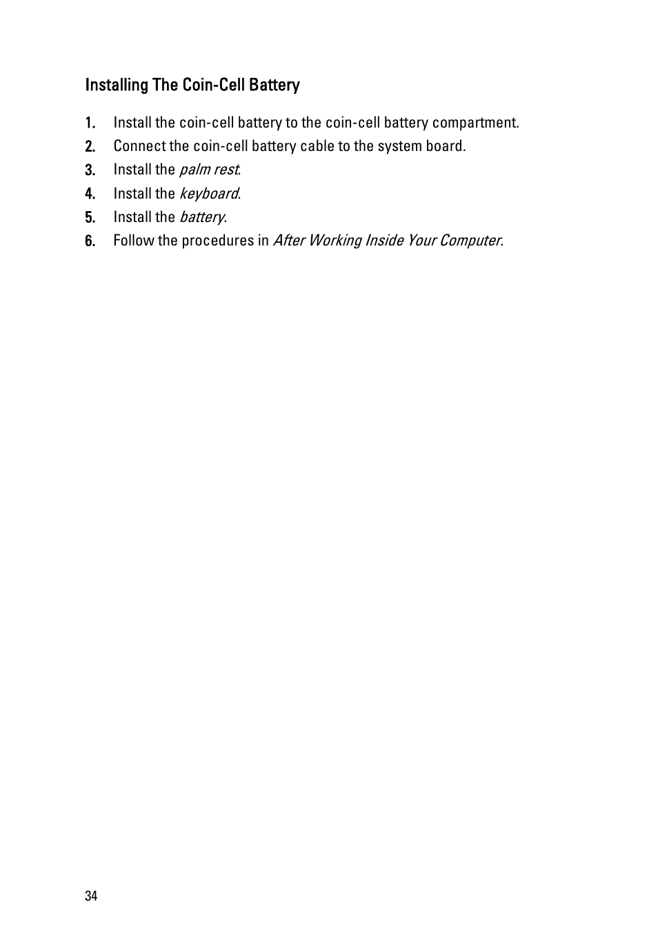 Installing the coin-cell battery | Dell Vostro 1450 (Mid 2011) User Manual | Page 34 / 78