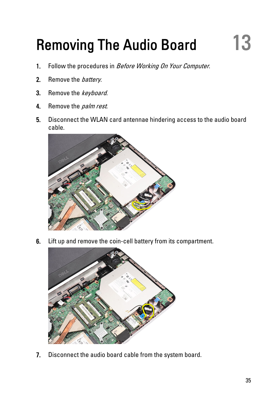 Removing the audio board, 13 removing the audio board | Dell Vostro 1450 (Mid 2011) User Manual | Page 35 / 78