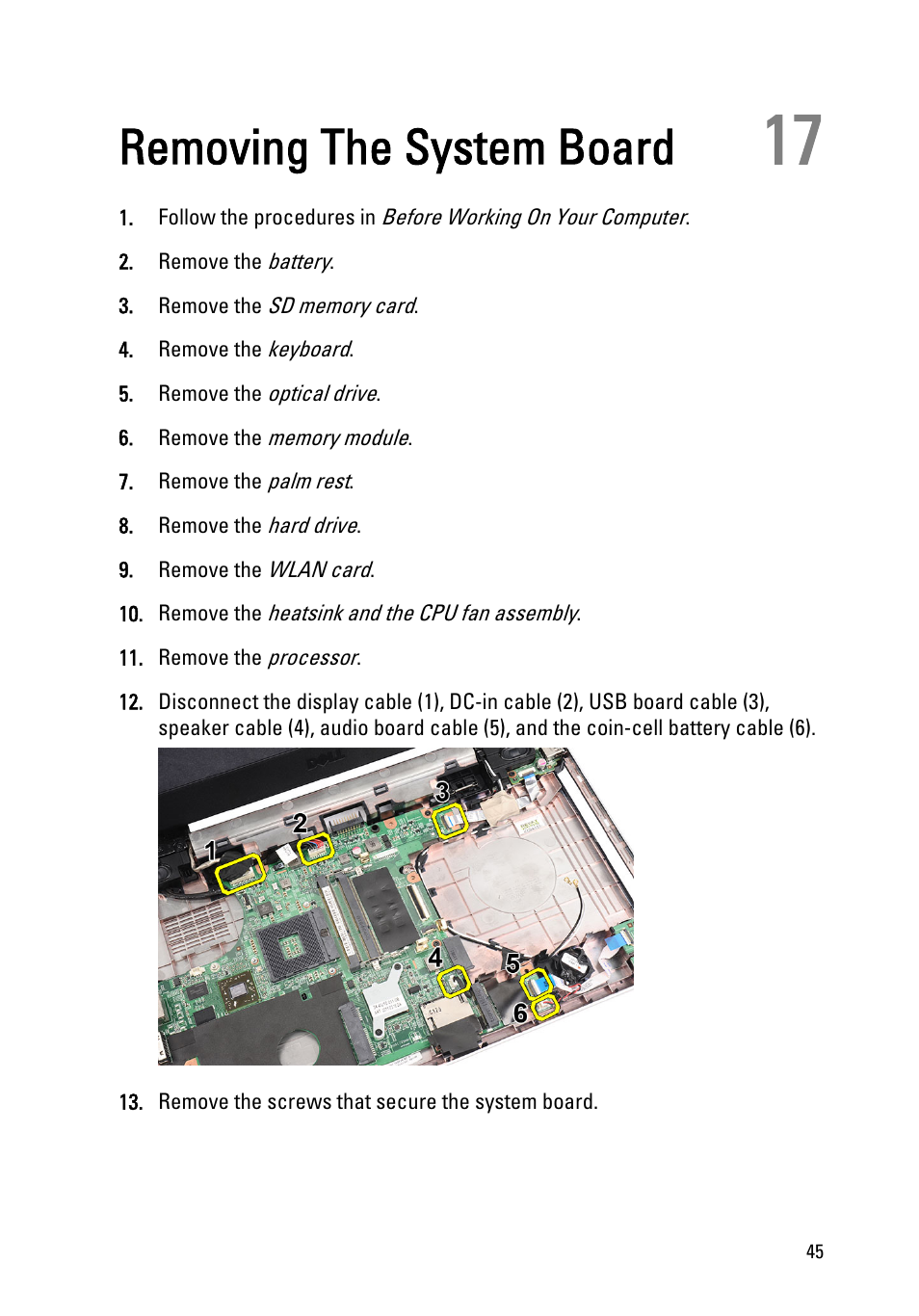 Removing the system board, 17 removing the system board | Dell Vostro 1450 (Mid 2011) User Manual | Page 45 / 78