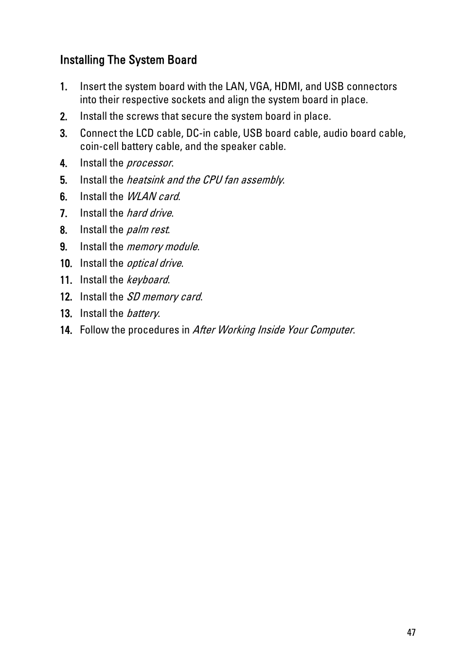 Installing the system board | Dell Vostro 1450 (Mid 2011) User Manual | Page 47 / 78