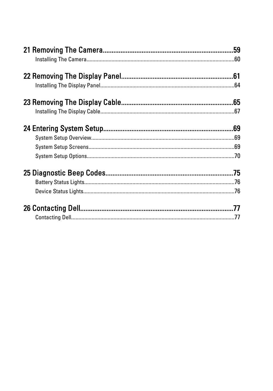 21 removing the camera, 22 removing the display panel, 23 removing the display cable | 24 entering system setup, 25 diagnostic beep codes, 26 contacting dell | Dell Vostro 1450 (Mid 2011) User Manual | Page 5 / 78