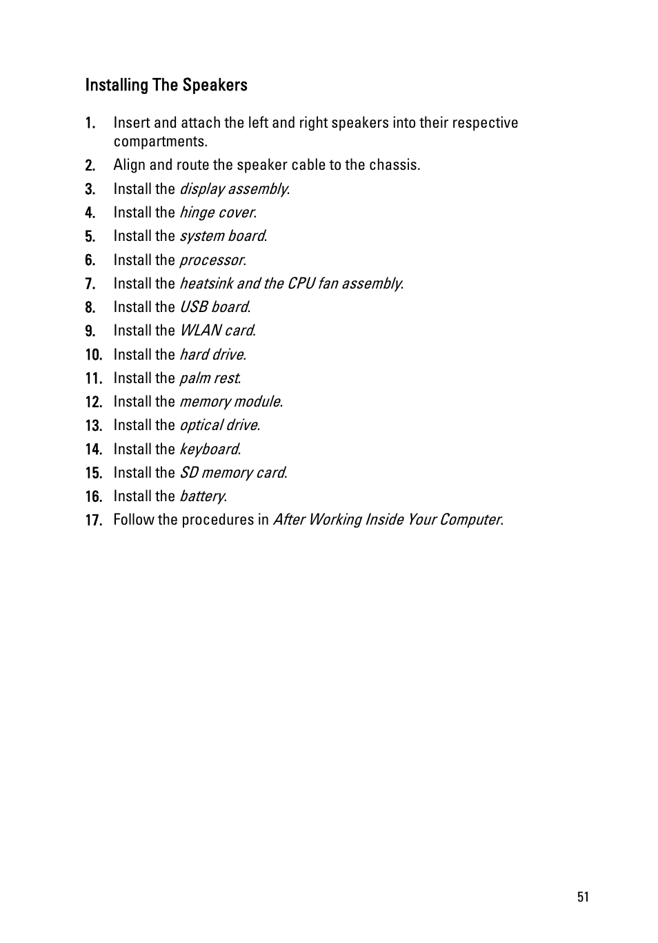 Installing the speakers | Dell Vostro 1450 (Mid 2011) User Manual | Page 51 / 78