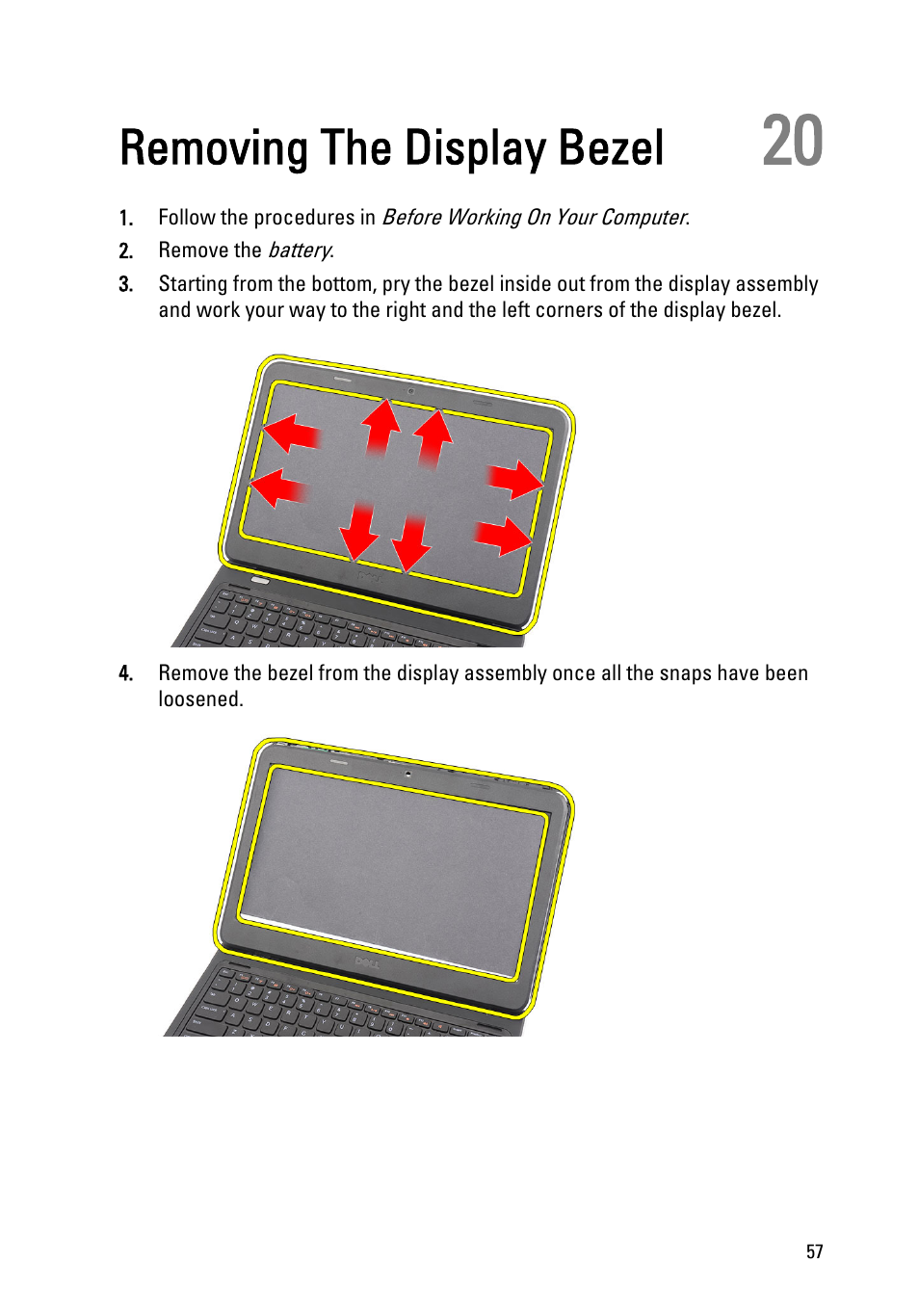 Removing the display bezel, 20 removing the display bezel | Dell Vostro 1450 (Mid 2011) User Manual | Page 57 / 78