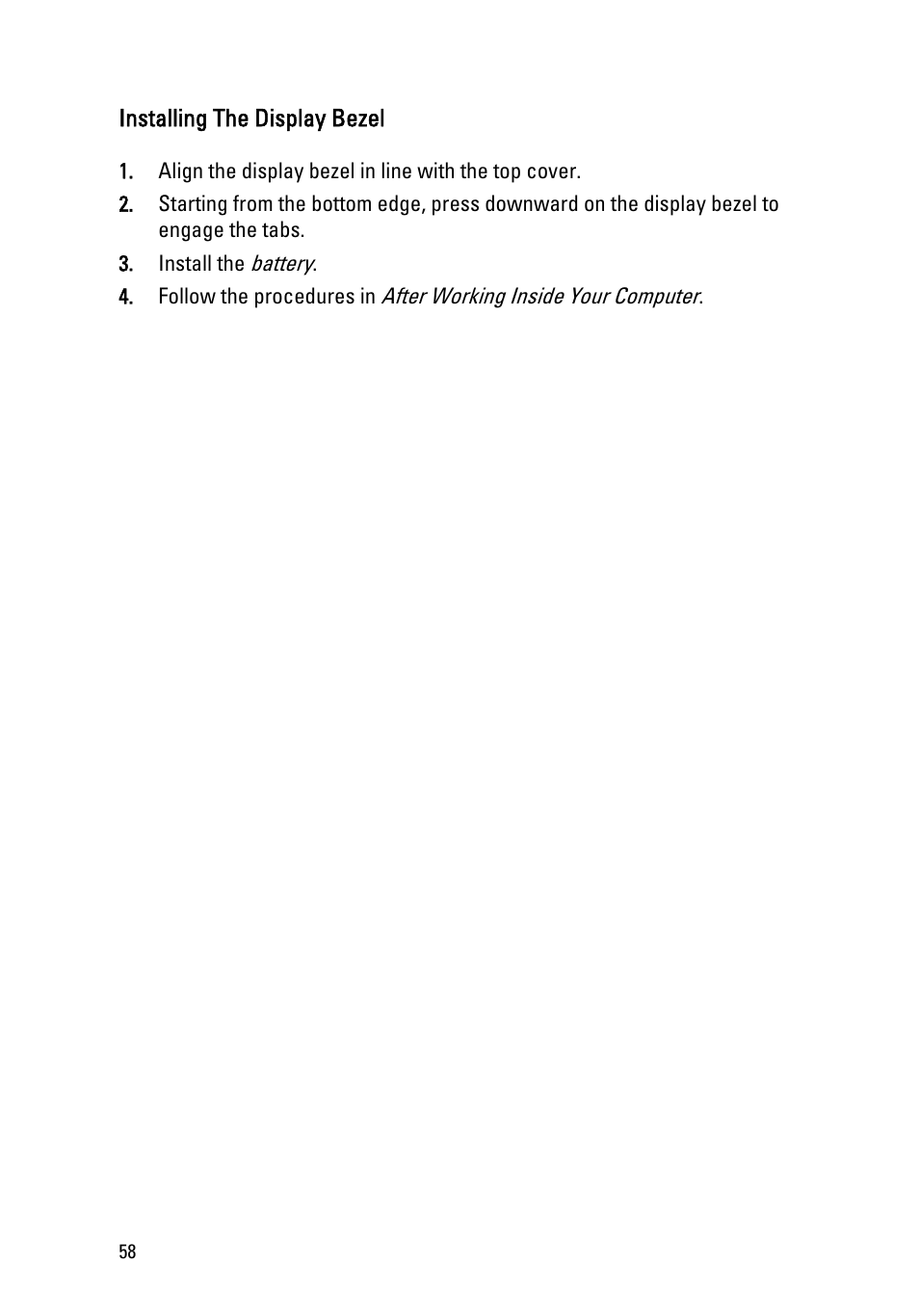 Installing the display bezel | Dell Vostro 1450 (Mid 2011) User Manual | Page 58 / 78